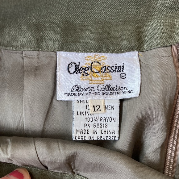 VINTAGE | Oleg Cassini Olive 🫒 Green Petal Hem linen midi skirt size 12 - Picture 7 of 10